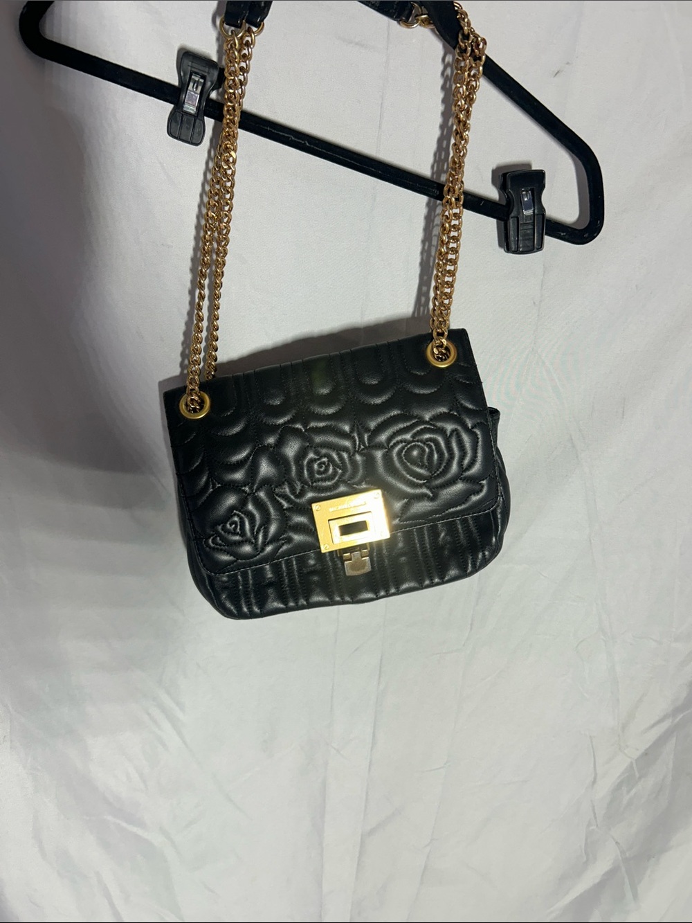 Michael Kors Black Quilted Rose-Embossed Crossbody with Gold Chain